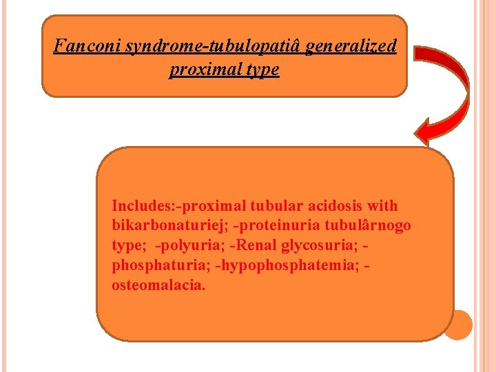 Fanconi syndrome-tubulopatiâ generalized proximal type Includes: -proximal tubular acidosis with bikarbonaturiej; -proteinuria tubulârnogo type;