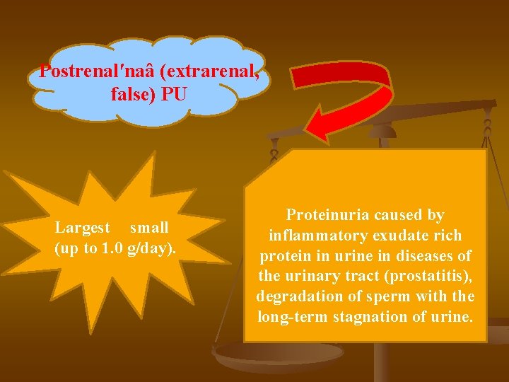 Postrenal′naâ (extrarenal, false) PU Largest small (up to 1. 0 g/day). Proteinuria caused by