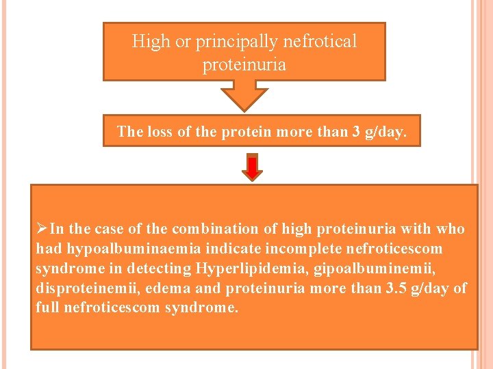 High or principally nefrotical proteinuria The loss of the protein more than 3 g/day.