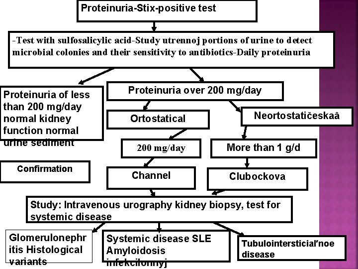 Proteinuria-Stix-positive test -Test with sulfosalicylic acid-Study utrennoj portions of urine to detect microbial colonies