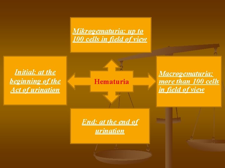 Mikrogematuria: up to 100 cells in field of view Initial: at the beginning of
