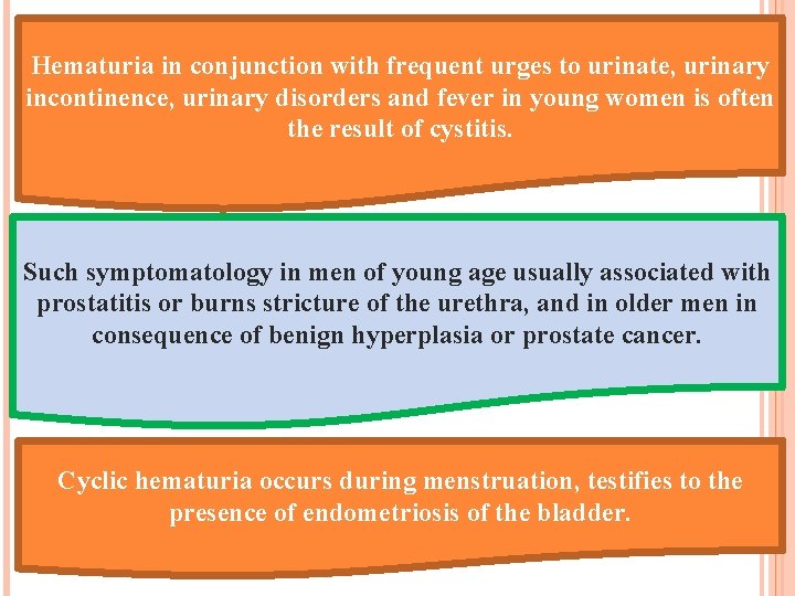 Hematuria in conjunction with frequent urges to urinate, urinary incontinence, urinary disorders and fever