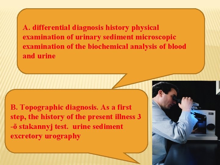 A. differential diagnosis history physical examination of urinary sediment microscopic examination of the biochemical