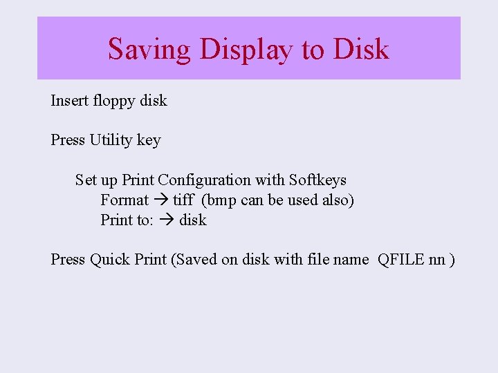 Saving Display to Disk Insert floppy disk Press Utility key Set up Print Configuration