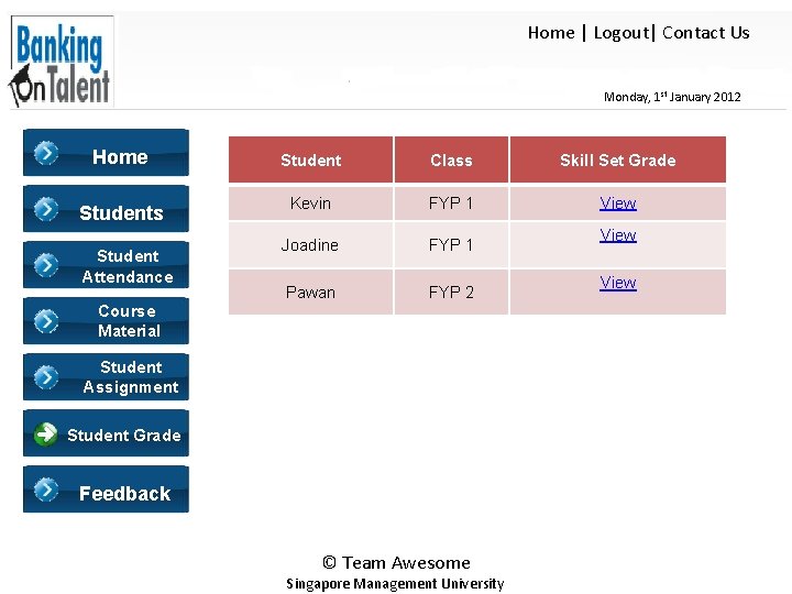 Home | Logout| Contact Us Monday, 1 st January 2012 Home Student Class Skill