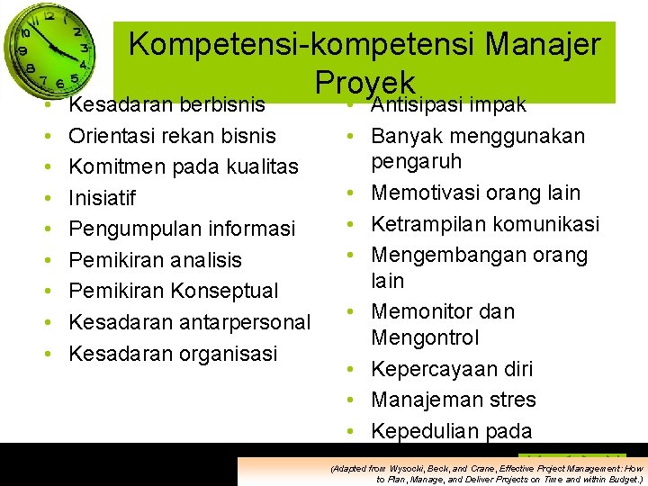  • • • Kompetensi-kompetensi Manajer Proyek Kesadaran berbisnis Orientasi rekan bisnis Komitmen pada