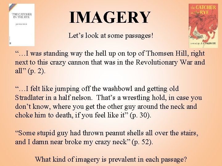 IMAGERY Let’s look at some passages! “…I was standing way the hell up on