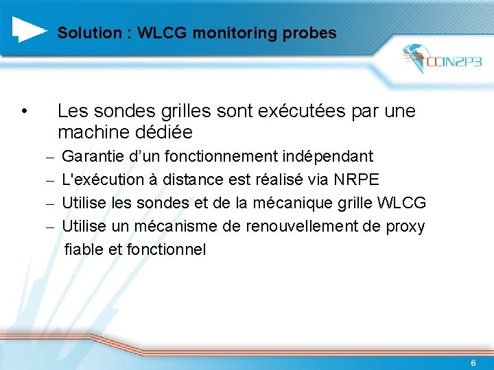 Solution : WLCG monitoring probes • Les sondes grilles sont exécutées par une machine