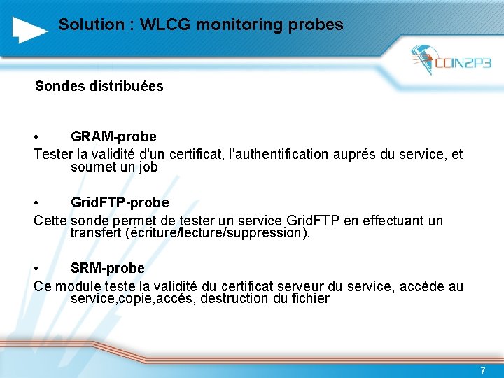Solution : WLCG monitoring probes Sondes distribuées • GRAM-probe Tester la validité d'un certificat,