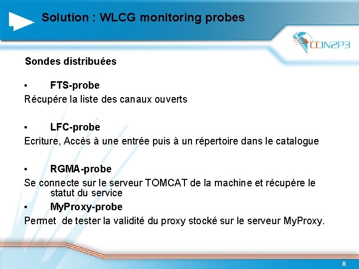 Solution : WLCG monitoring probes Sondes distribuées • FTS-probe Récupére la liste des canaux