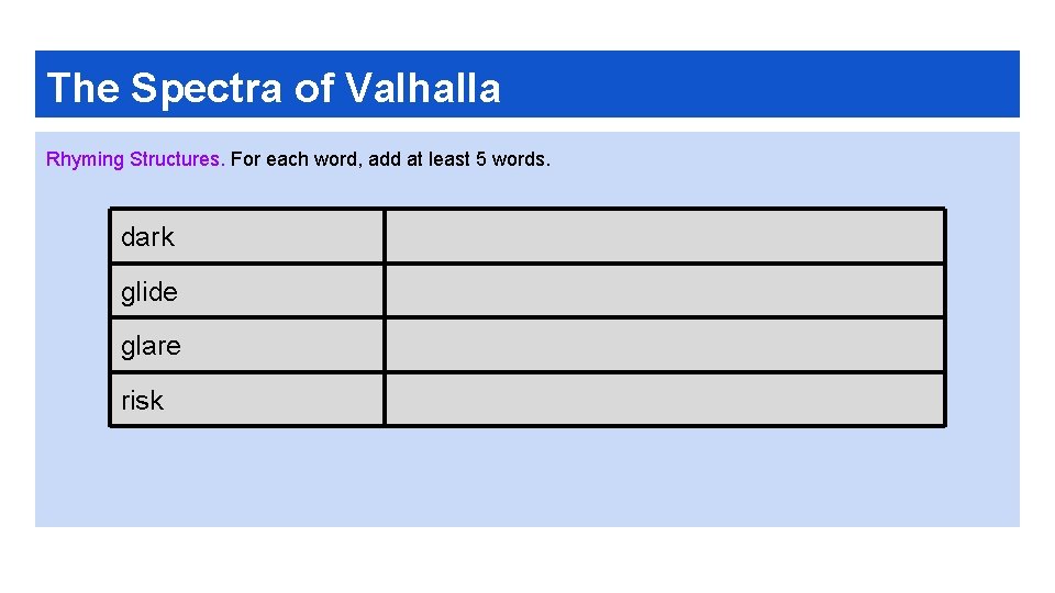 The Spectra of Valhalla Rhyming Structures. For each word, add at least 5 words.