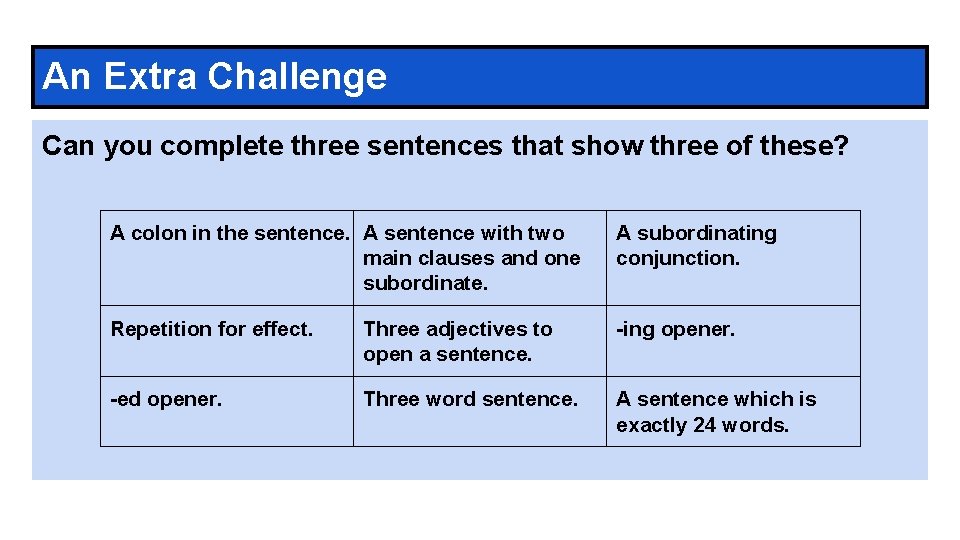 An Extra Challenge Can you complete three sentences that show three of these? A
