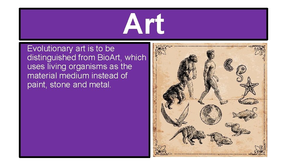 Art Evolutionary art is to be distinguished from Bio. Art, which uses living organisms