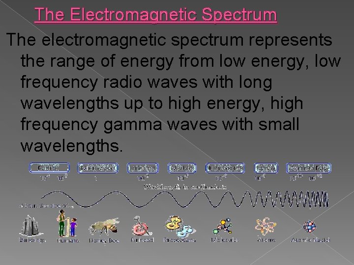 The Electromagnetic Spectrum The electromagnetic spectrum represents the range of energy from low energy,