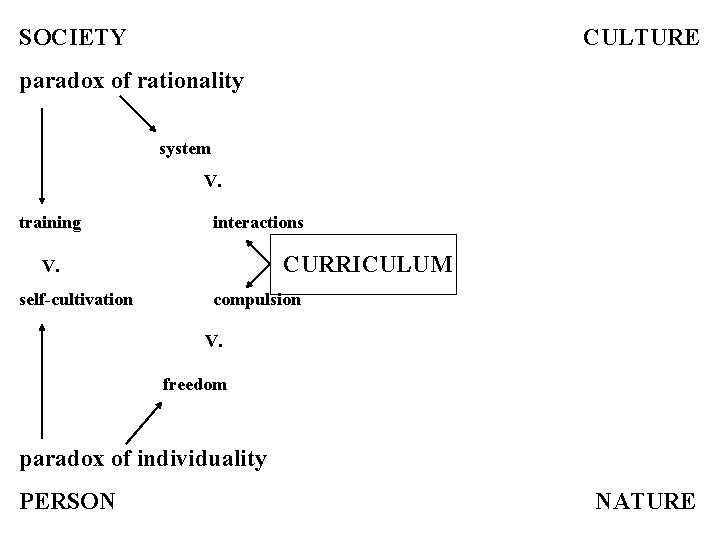 SOCIETY CULTURE paradox of rationality system V. training interactions CURRICULUM V. self-cultivation compulsion V.