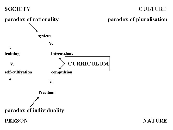 SOCIETY CULTURE paradox of rationality paradox of pluralisation system V. training interactions CURRICULUM V.