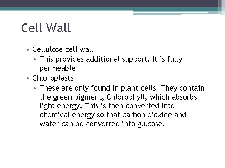 Cell Wall • Cellulose cell wall ▫ This provides additional support. It is fully