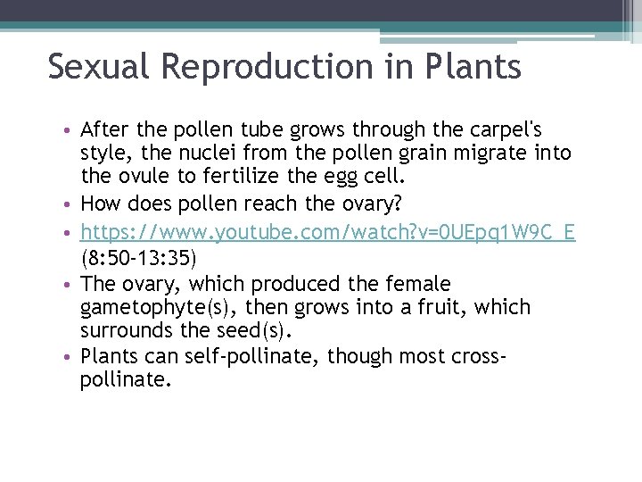 Sexual Reproduction in Plants • After the pollen tube grows through the carpel's style,