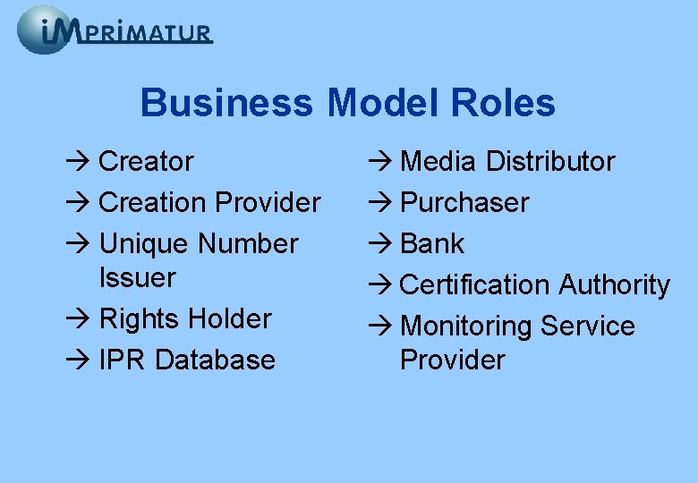 Business Model Roles à Creator à Creation Provider à Unique Number Issuer à Rights