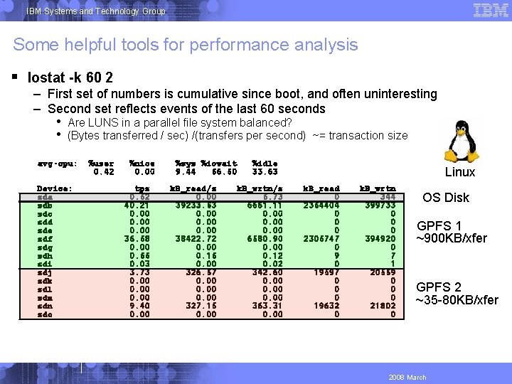 IBM Systems and Technology Group Some helpful tools for performance analysis Iostat -k 60