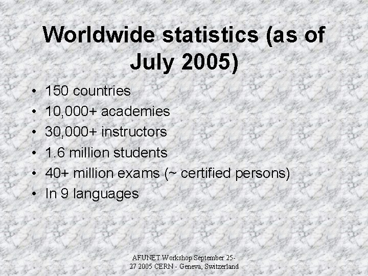 Worldwide statistics (as of July 2005) • • • 150 countries 10, 000+ academies