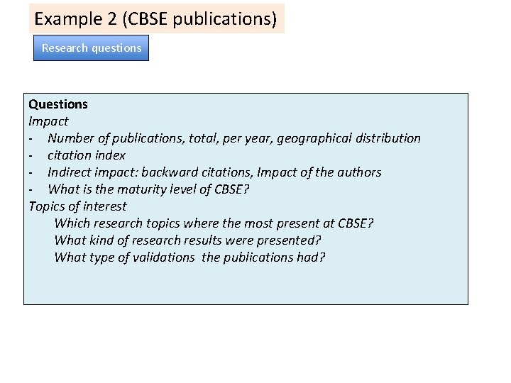 Example 2 (CBSE publications) Research questions Questions Impact - Number of publications, total, per