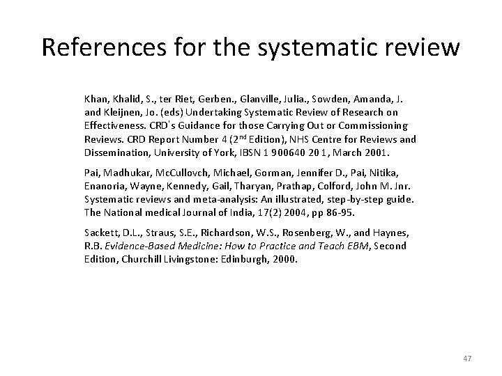 References for the systematic review Khan, Khalid, S. , ter Riet, Gerben. , Glanville,