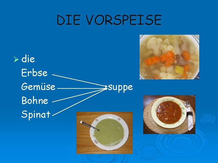 DIE VORSPEISE Ø die Erbse Gemüse Bohne Spinat suppe 