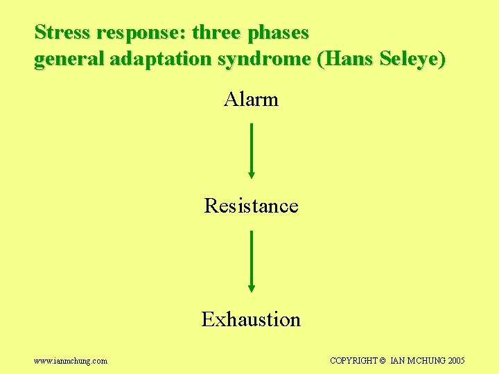 Stress response: three phases general adaptation syndrome (Hans Seleye) Alarm Resistance Exhaustion www. ianmchung.