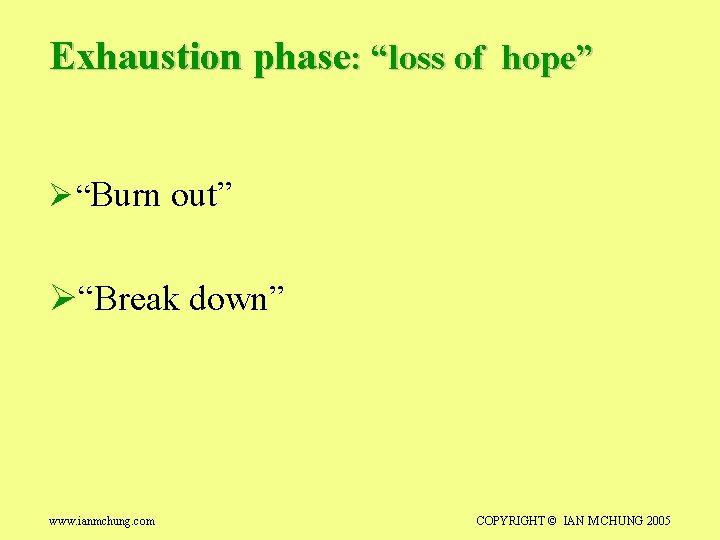 Exhaustion phase: “loss of hope” Ø “Burn out” Ø“Break down” www. ianmchung. com COPYRIGHT