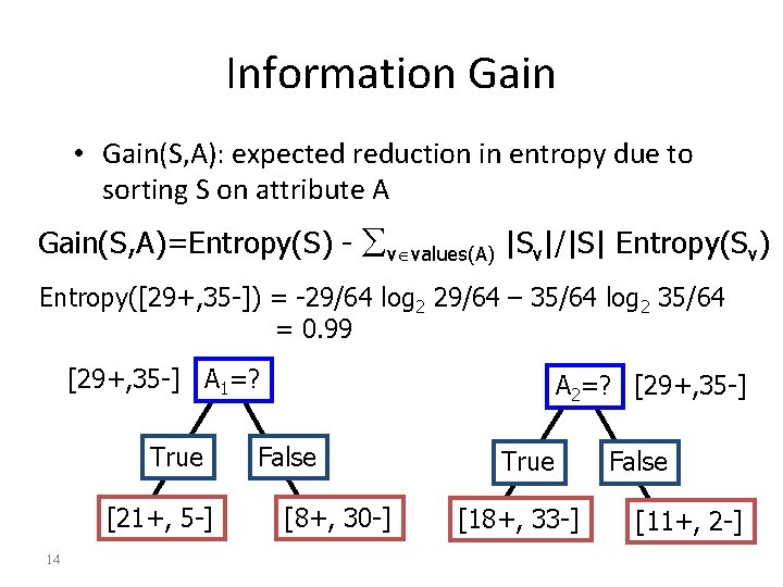 Information Gain • Gain(S, A): expected reduction in entropy due to sorting S on