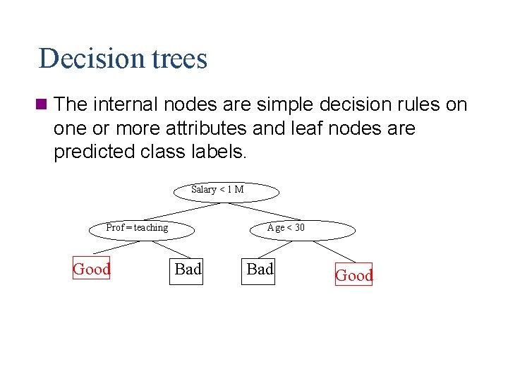 Decision trees n The internal nodes are simple decision rules on one or more
