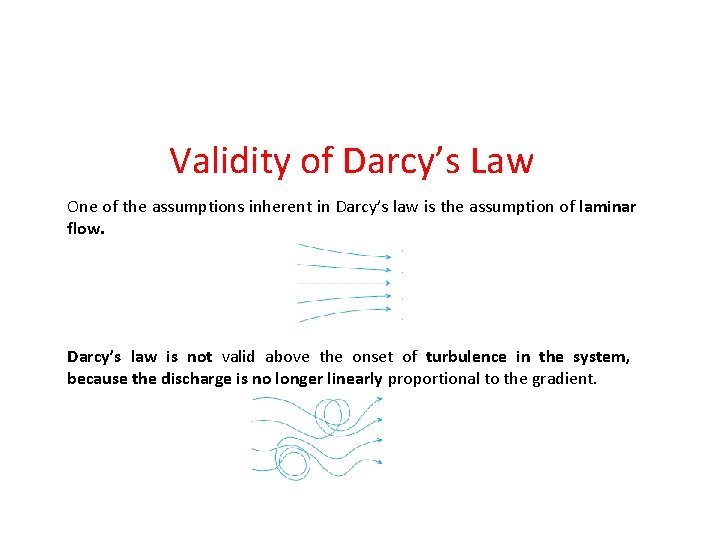 Validity of Darcy’s Law One of the assumptions inherent in Darcy’s law is the