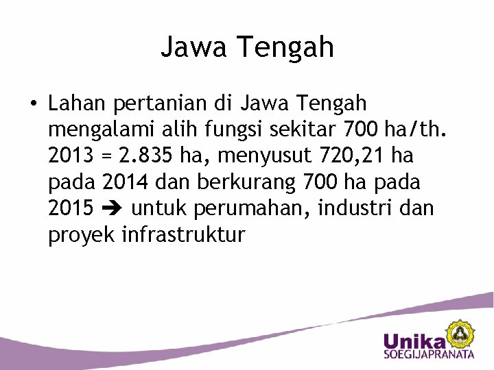 Jawa Tengah • Lahan pertanian di Jawa Tengah mengalami alih fungsi sekitar 700 ha/th.