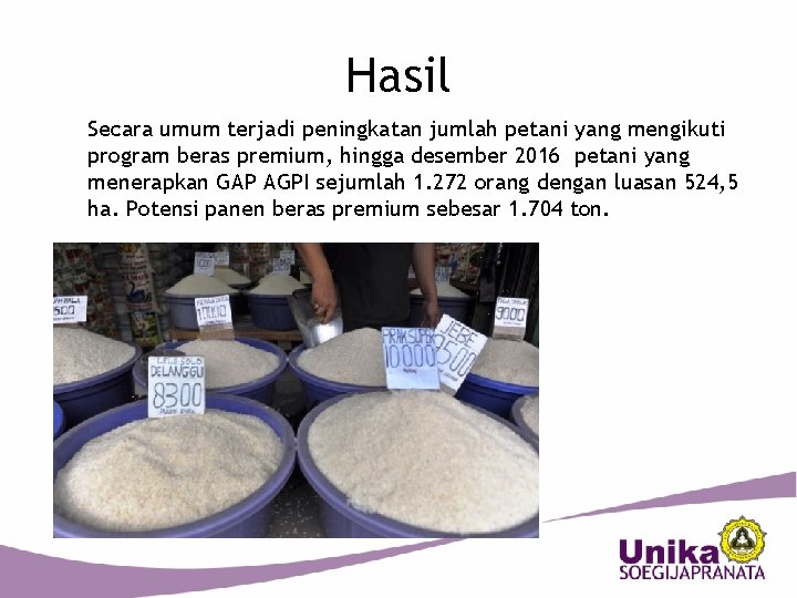 Hasil Secara umum terjadi peningkatan jumlah petani yang mengikuti program beras premium, hingga desember