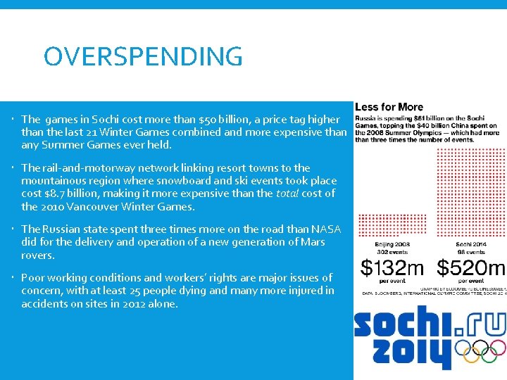 OVERSPENDING The games in Sochi cost more than $50 billion, a price tag higher