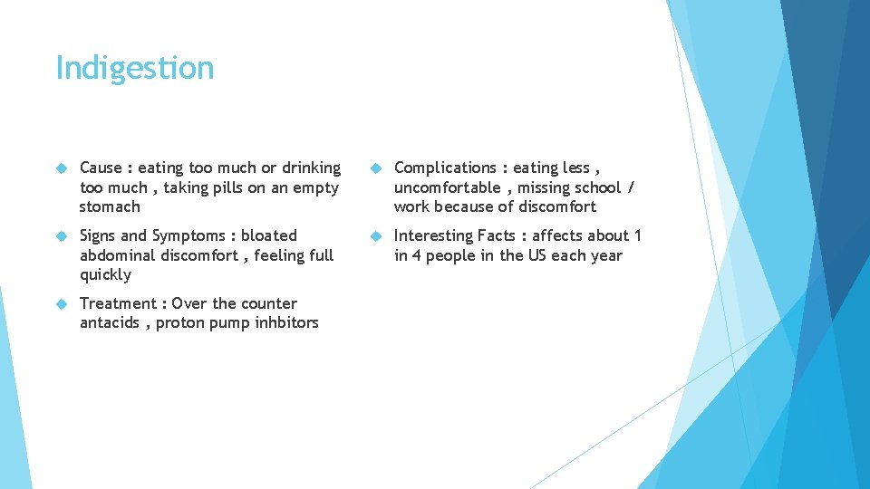Indigestion Cause : eating too much or drinking too much , taking pills on