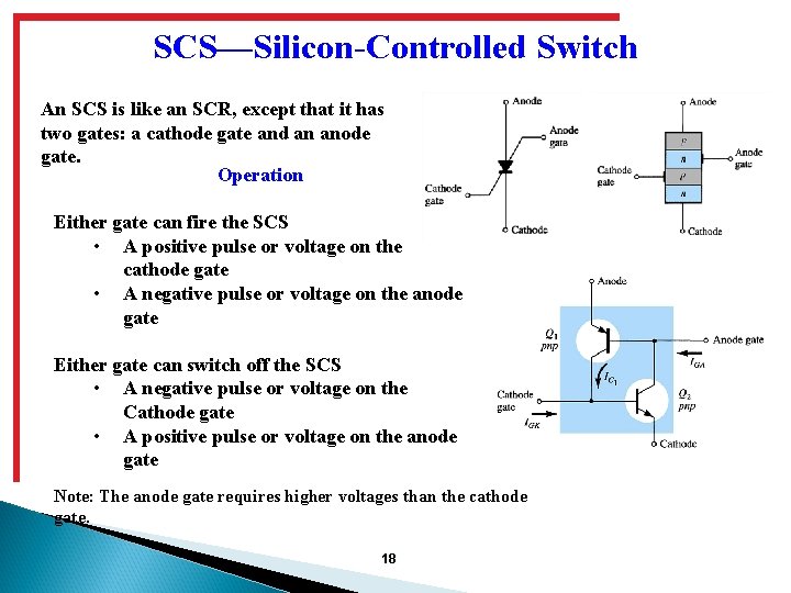 SCS—Silicon-Controlled Switch An SCS is like an SCR, except that it has two gates: