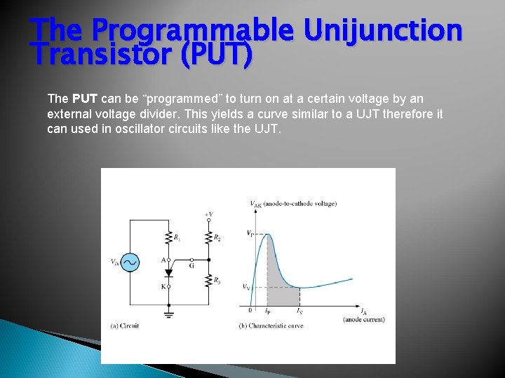 The Programmable Unijunction Transistor (PUT) The PUT can be “programmed” to turn on at