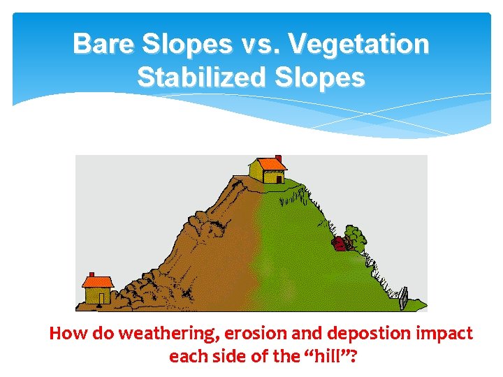 Bare Slopes vs. Vegetation Stabilized Slopes How do weathering, erosion and depostion impact each