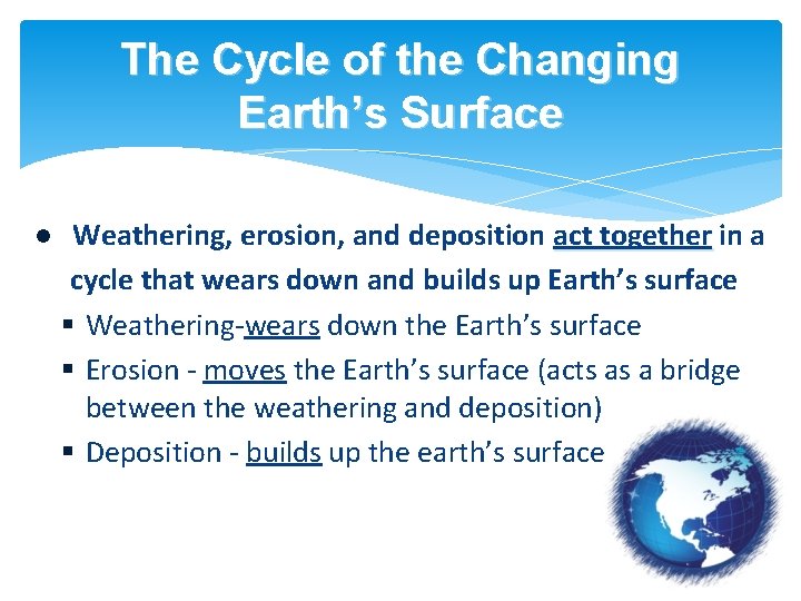 The Cycle of the Changing Earth’s Surface Weathering, erosion, and deposition act together in