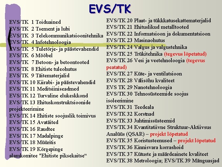 EVS/TK 1 Toiduained EVS/TK 2 Tsement ja lubi EVS/TK 3 Telekommunikatsioonitehnika EVS/TK 4 Infotehnoloogia