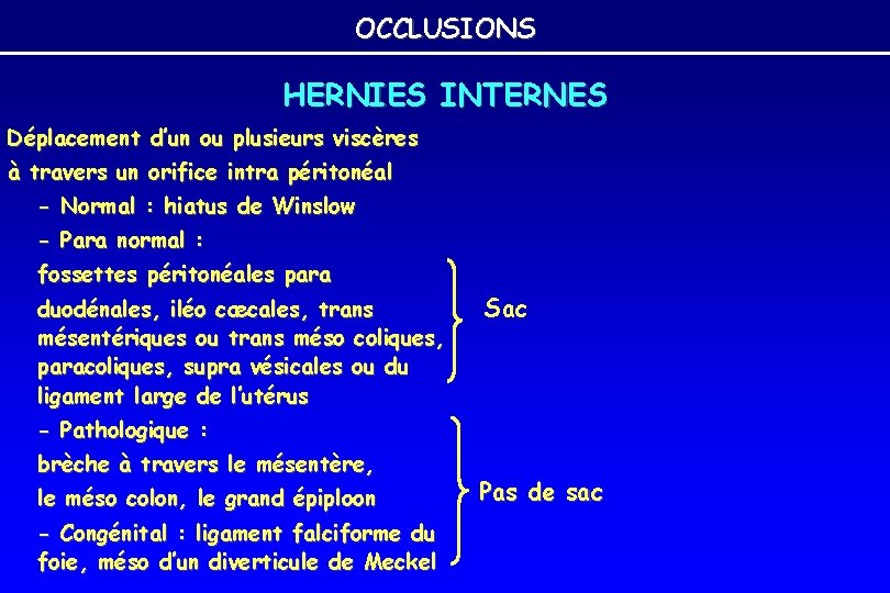 OCCLUSIONS HERNIES INTERNES Déplacement d’un ou plusieurs viscères à travers un orifice intra péritonéal OCCLUSIONS HERNIES INTERNES Déplacement d’un ou plusieurs viscères à travers un orifice intra péritonéal