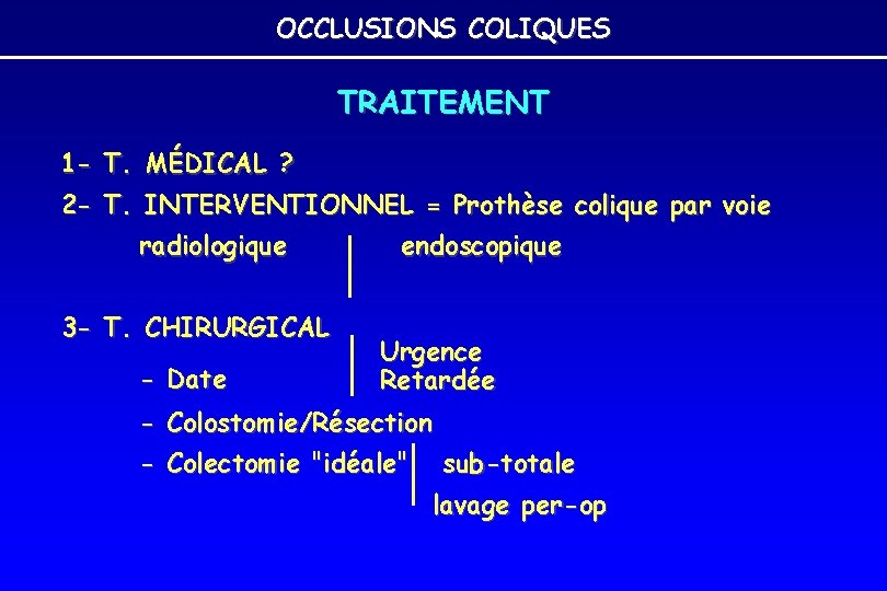 OCCLUSIONS COLIQUES TRAITEMENT 1 - T. MÉDICAL ? 2 - T. INTERVENTIONNEL = Prothèse OCCLUSIONS COLIQUES TRAITEMENT 1 - T. MÉDICAL ? 2 - T. INTERVENTIONNEL = Prothèse