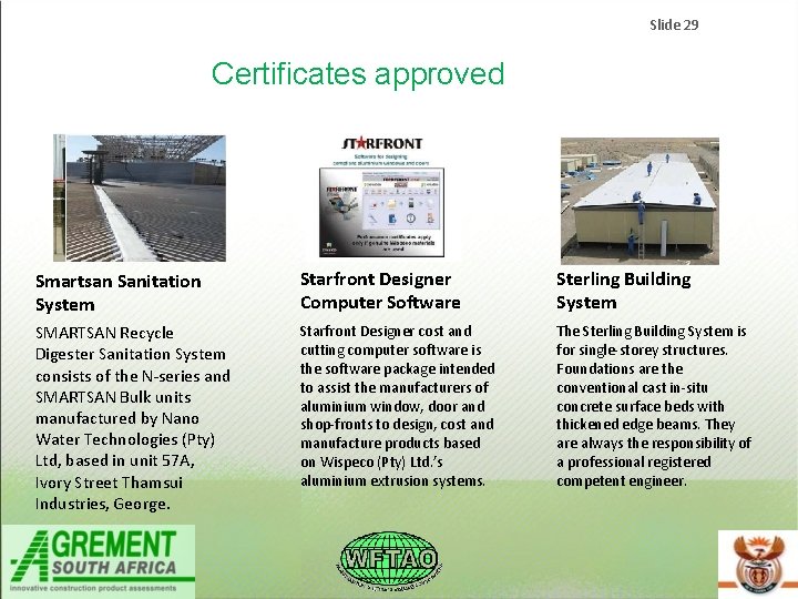 Slide 29 Certificates approved Smartsan Sanitation System Starfront Designer Computer Software Sterling Building System Slide 29 Certificates approved Smartsan Sanitation System Starfront Designer Computer Software Sterling Building System