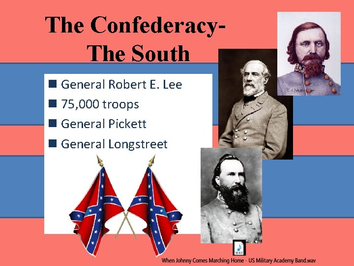 The Confederacy. The South n General Robert E. Lee n 75, 000 troops n The Confederacy. The South n General Robert E. Lee n 75, 000 troops n