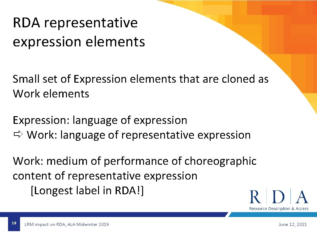 RDA representative expression elements Small set of Expression elements that are cloned as Work