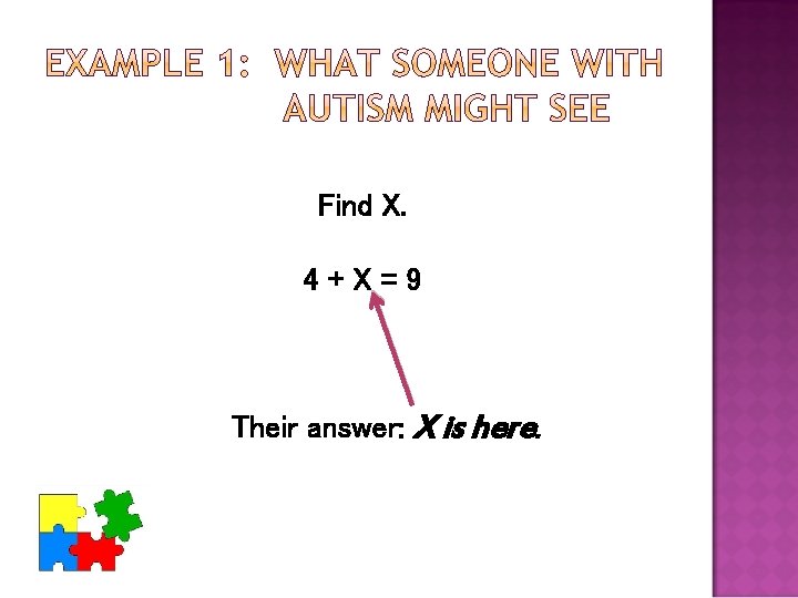 Find X. 4+X=9 Their answer: X is here. 