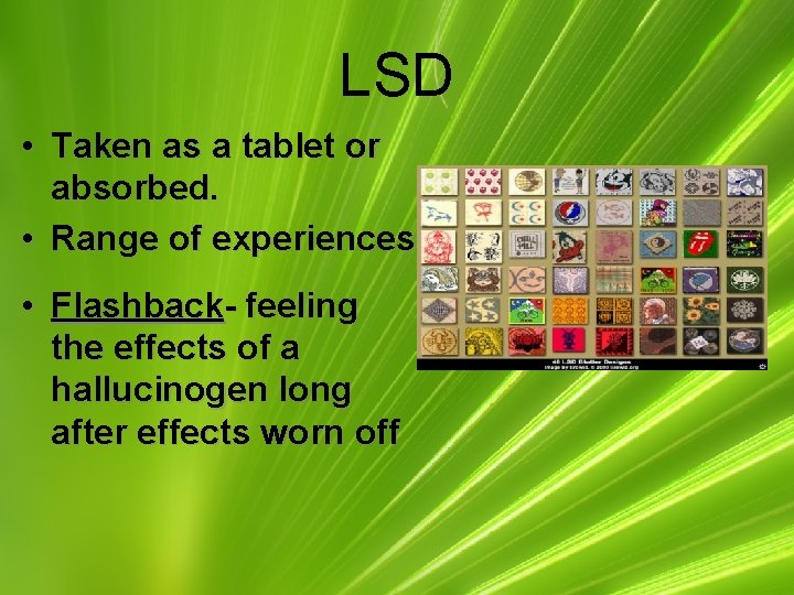 LSD • Taken as a tablet or absorbed. • Range of experiences • Flashback-