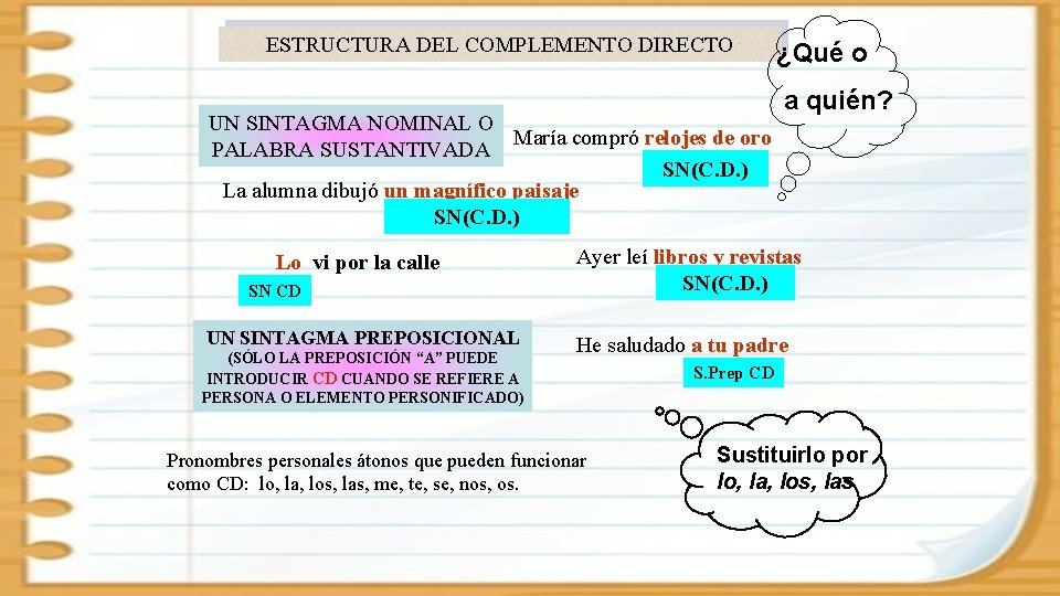 ESTRUCTURA DEL COMPLEMENTO DIRECTO UN SINTAGMA NOMINAL O María compró relojes de oro PALABRA